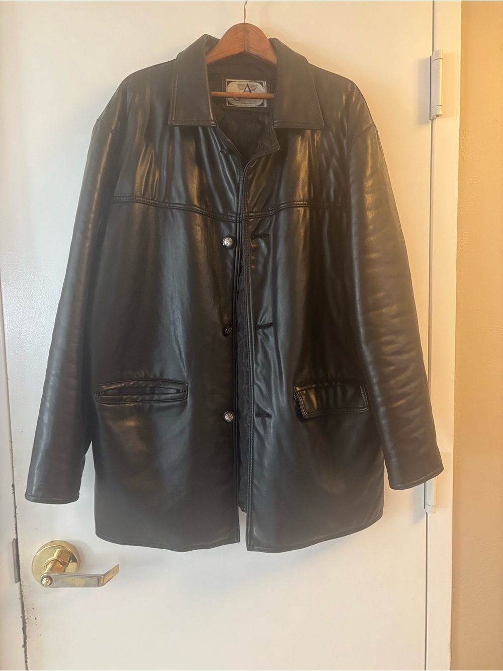Armani Collezioni  Black Leather Pea Coat - Classic Button Front